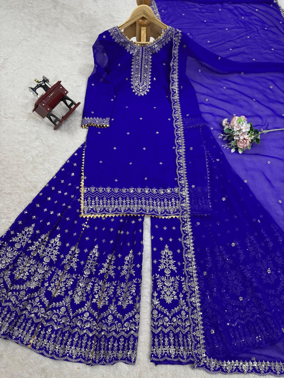 Attractive Blue Color Embroidered Designer Sharara Suit