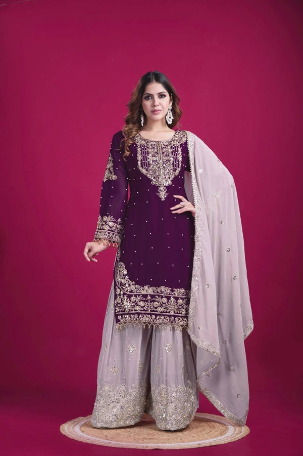 Bollywood Style Wine Color Heavy Faux Georgette With Heavy Embroidery Work Palazzo shuit