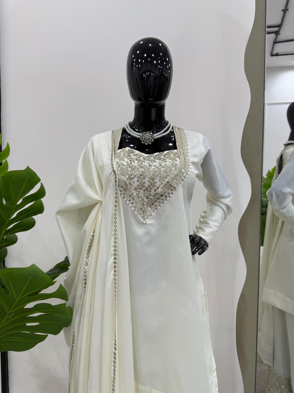 Festival Wear White Color Chinon Silk And Thread With Sequence Work Palazzo Suit