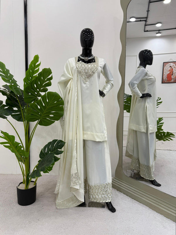 Festival Wear White Color Chinon Silk And Thread With Sequence Work Palazzo Suit