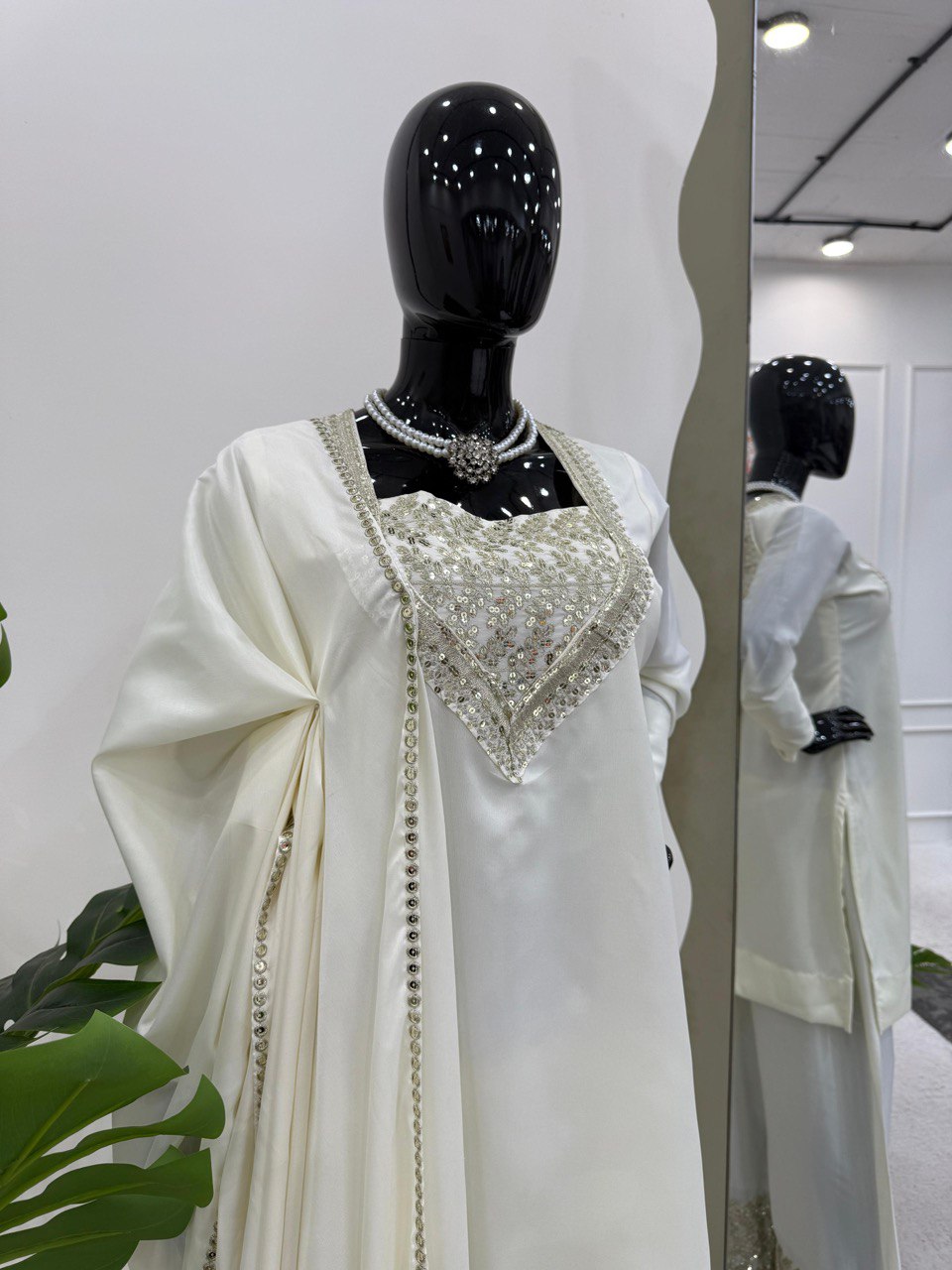 Festival Wear White Color Chinon Silk And Thread With Sequence Work Palazzo Suit