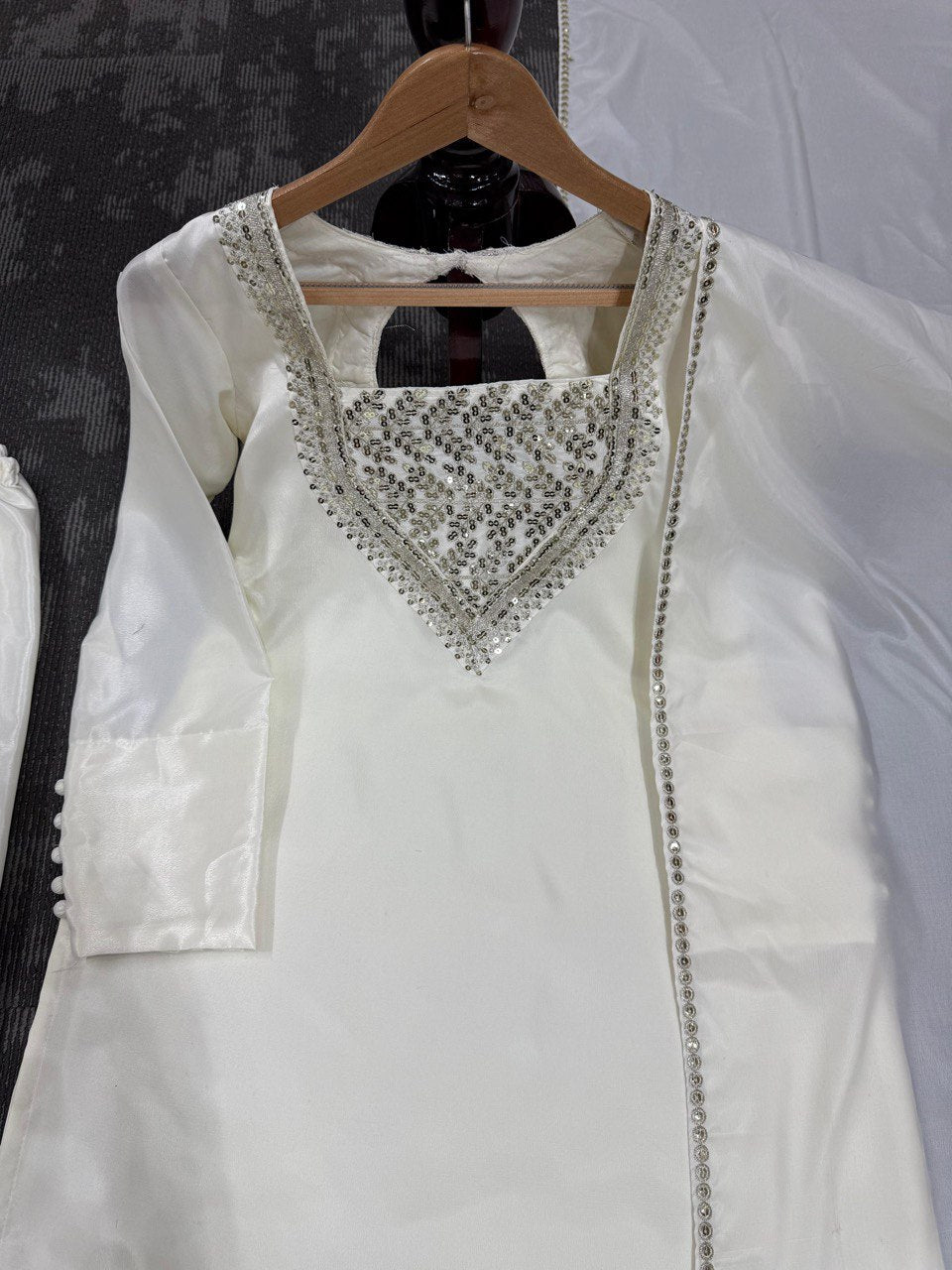 Festival Wear White Color Chinon Silk And Thread With Sequence Work Palazzo Suit