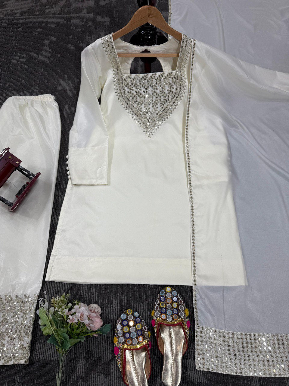 Festival Wear White Color Chinon Silk And Thread With Sequence Work Palazzo Suit