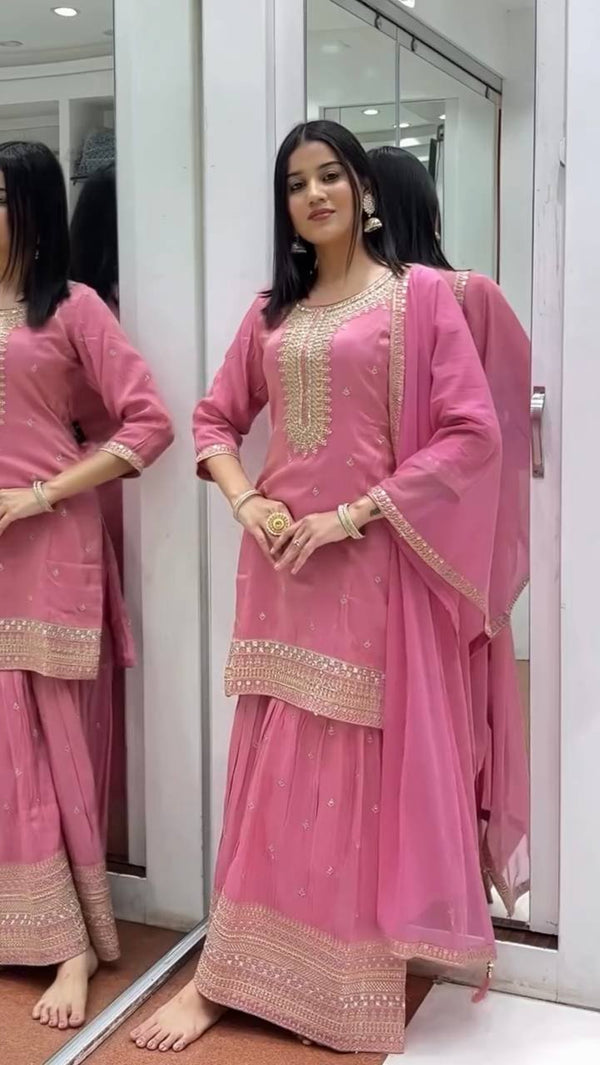 Wedding Wear Light Pink Color Heavy Pure Chinon Silk With Embroidery Sequence Work Sharara Suit