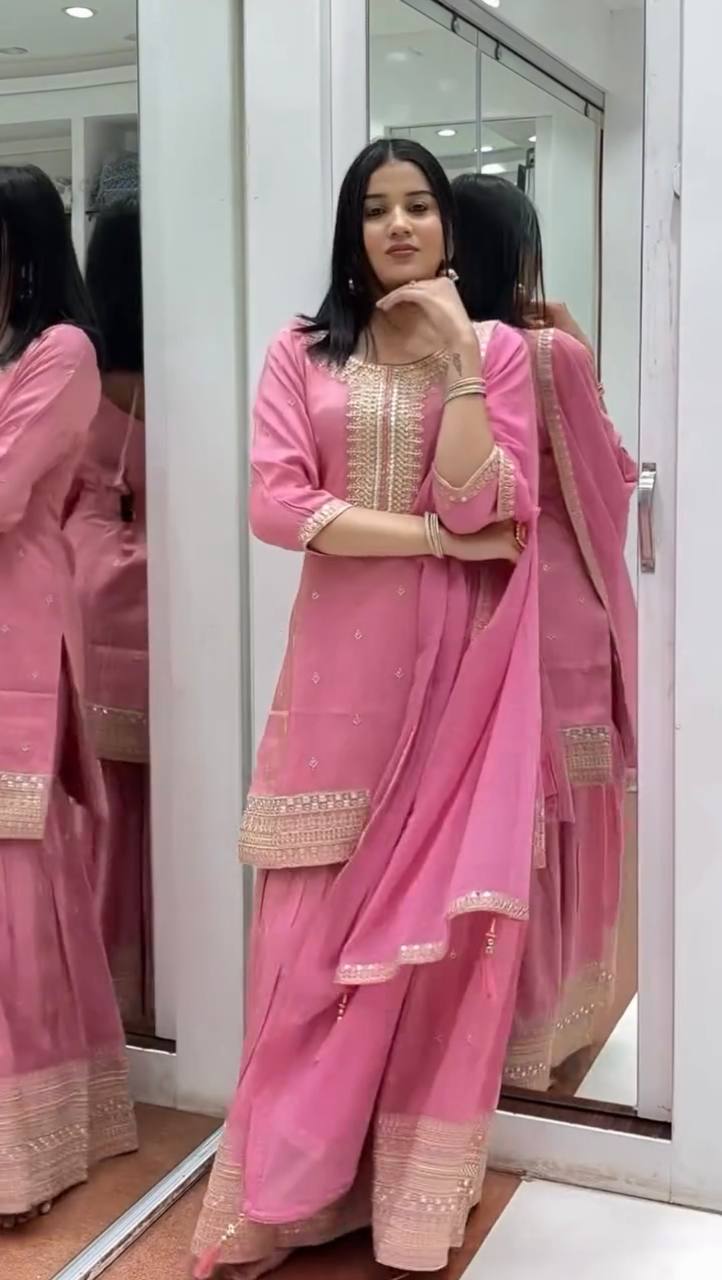 Wedding Wear Light Pink Color Heavy Pure Chinon Silk With Embroidery Sequence Work Sharara Suit