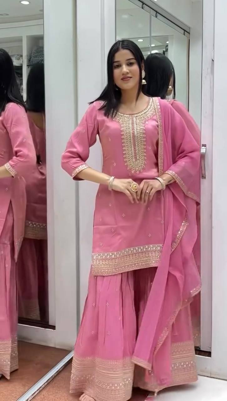 Wedding Wear Light Pink Color Heavy Pure Chinon Silk With Embroidery Sequence Work Sharara Suit