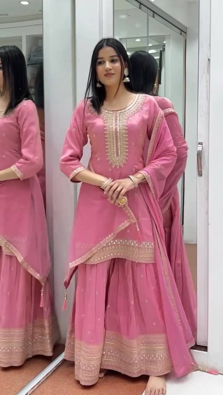 Wedding Wear Light Pink Color Heavy Pure Chinon Silk With Embroidery Sequence Work Sharara Suit