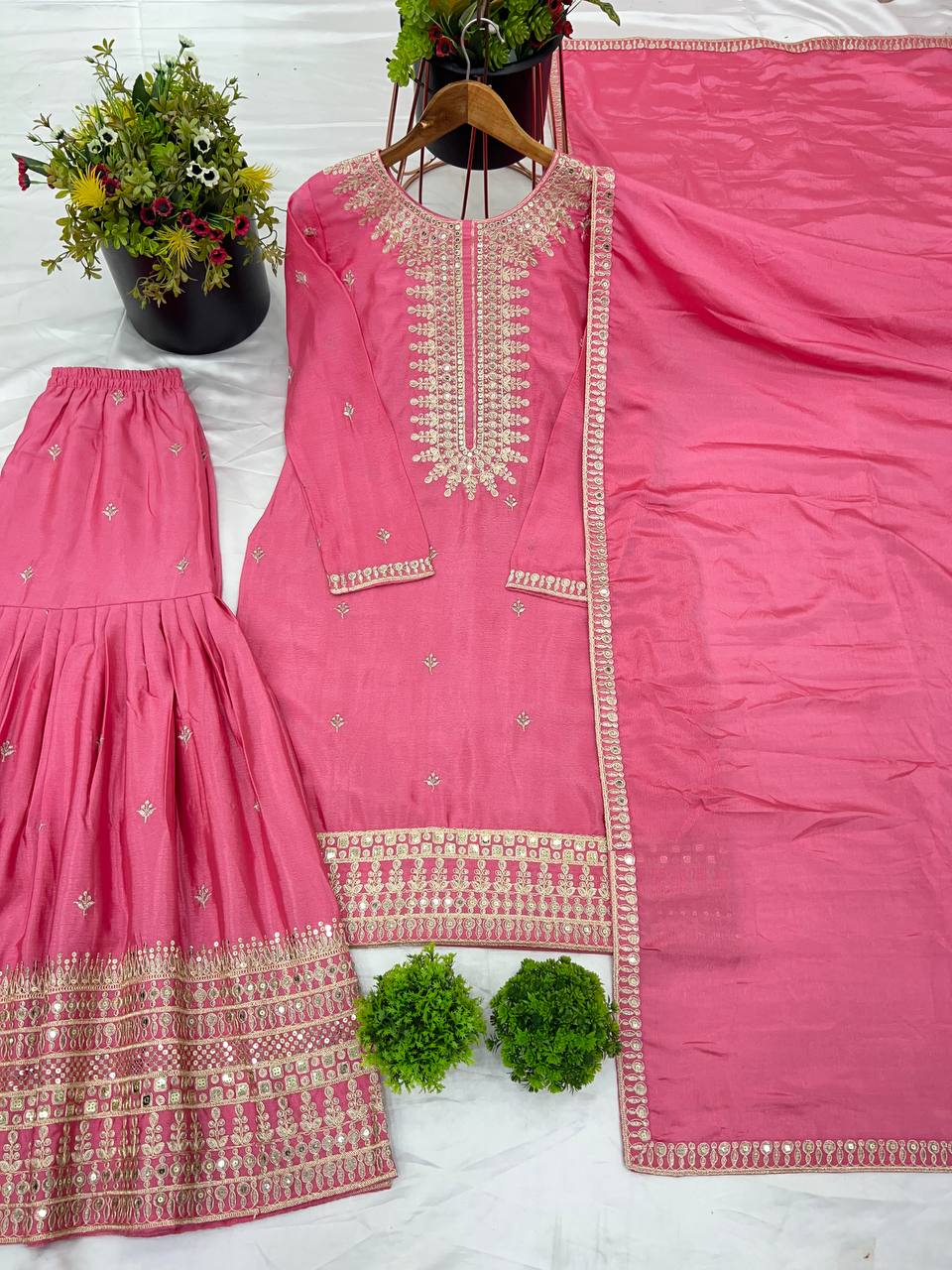 Wedding Wear Light Pink Color Heavy Pure Chinon Silk With Embroidery Sequence Work Sharara Suit