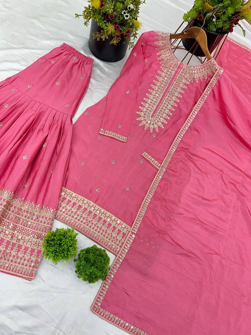 Wedding Wear Light Pink Color Heavy Pure Chinon Silk With Embroidery Sequence Work Sharara Suit