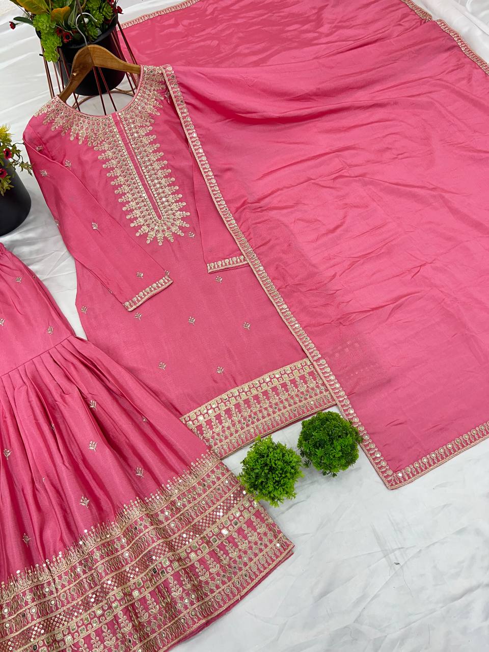 Wedding Wear Light Pink Color Heavy Pure Chinon Silk With Embroidery Sequence Work Sharara Suit