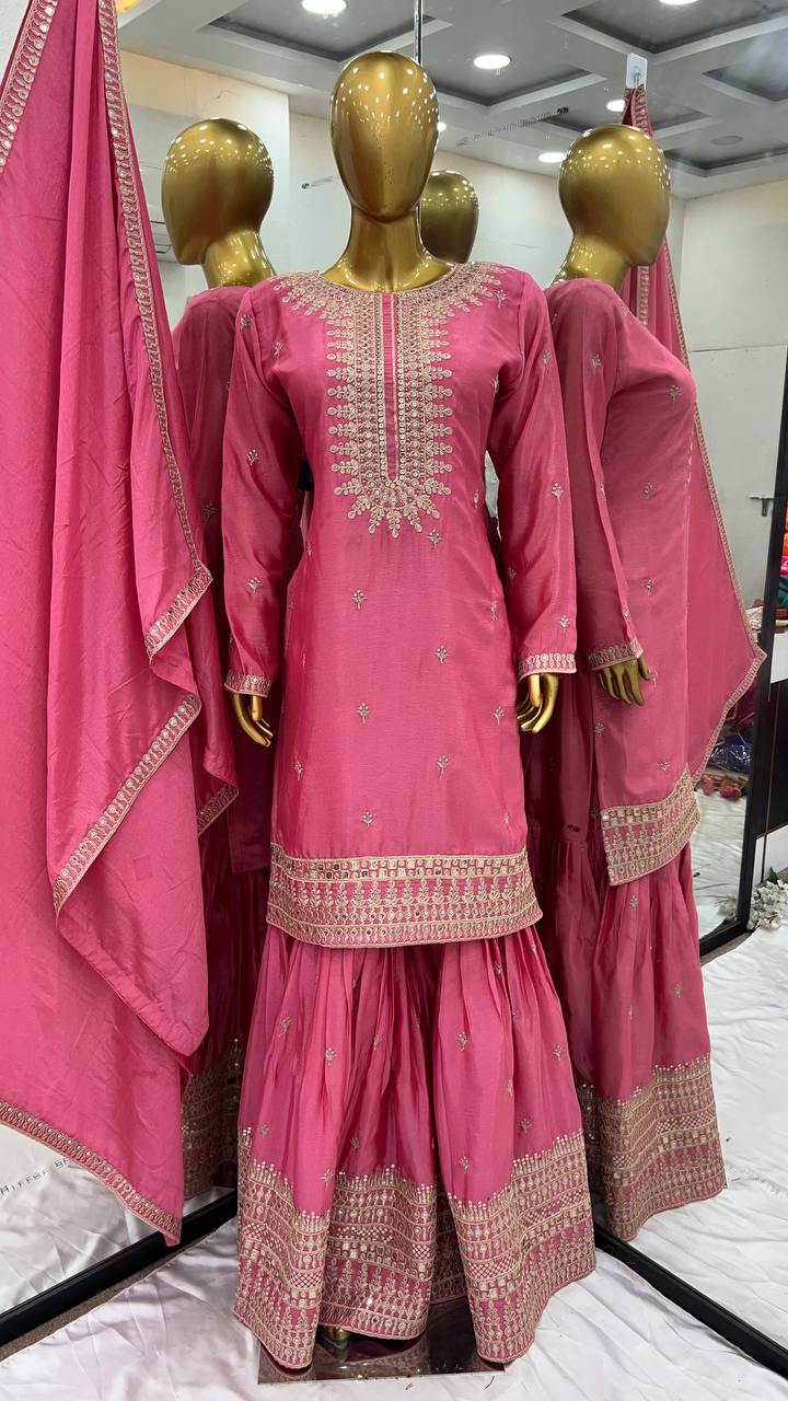 Wedding Wear Light Pink Color Heavy Pure Chinon Silk With Embroidery Sequence Work Sharara Suit
