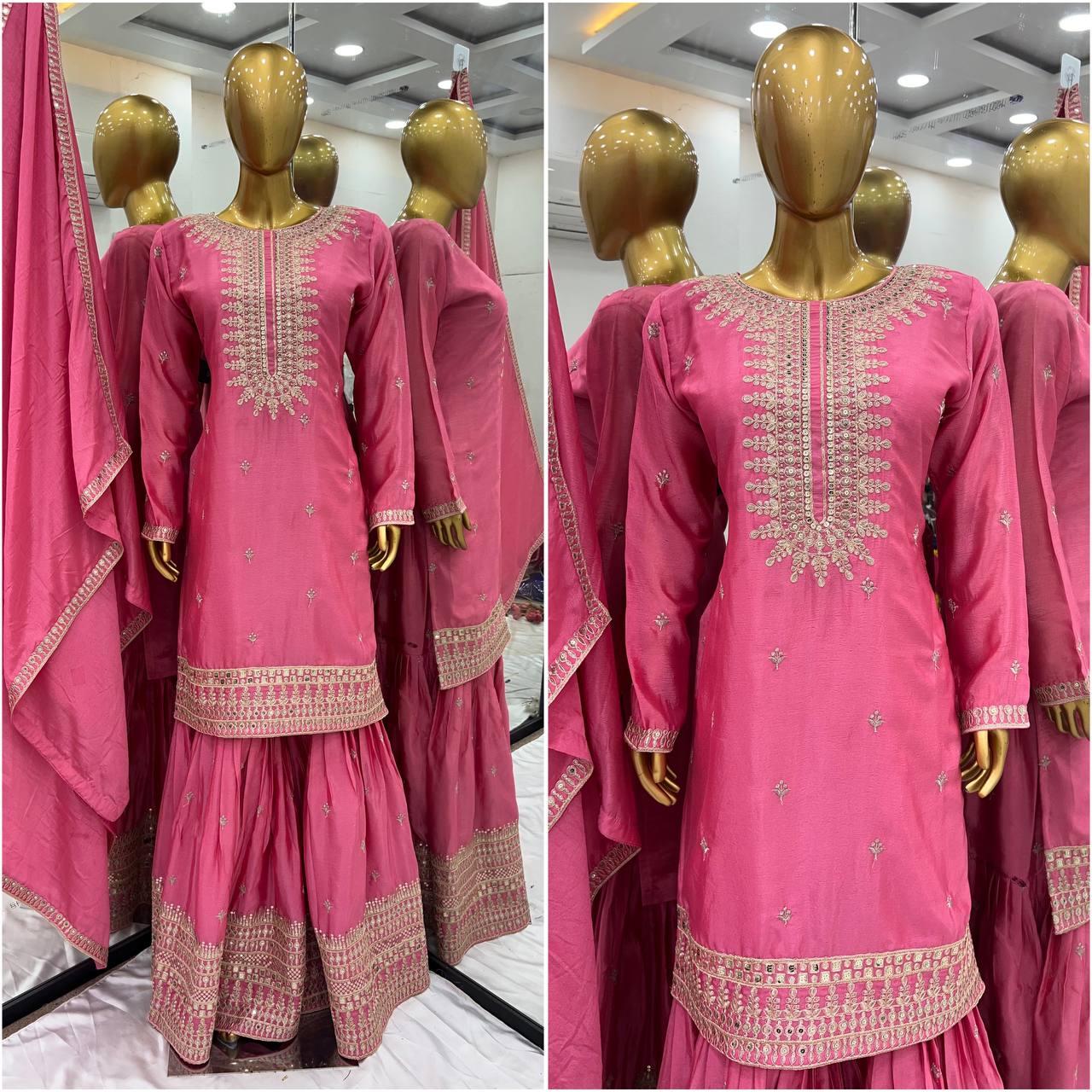 Wedding Wear Light Pink Color Heavy Pure Chinon Silk With Embroidery Sequence Work Sharara Suit