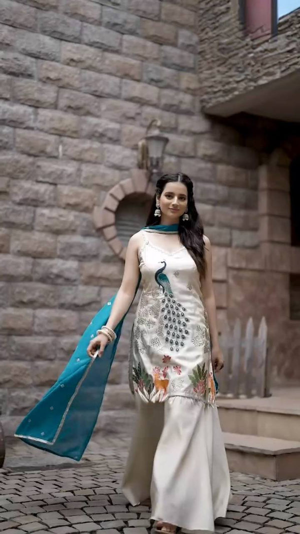 Festival Wear Off White Color Kurti And Plazzo Set With Dupatta