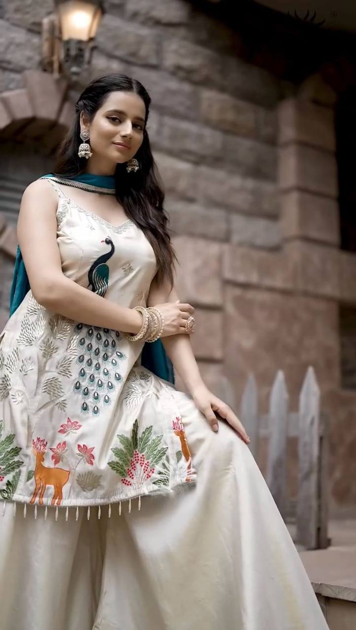 Festival Wear Off White Color Kurti And Plazzo Set With Dupatta