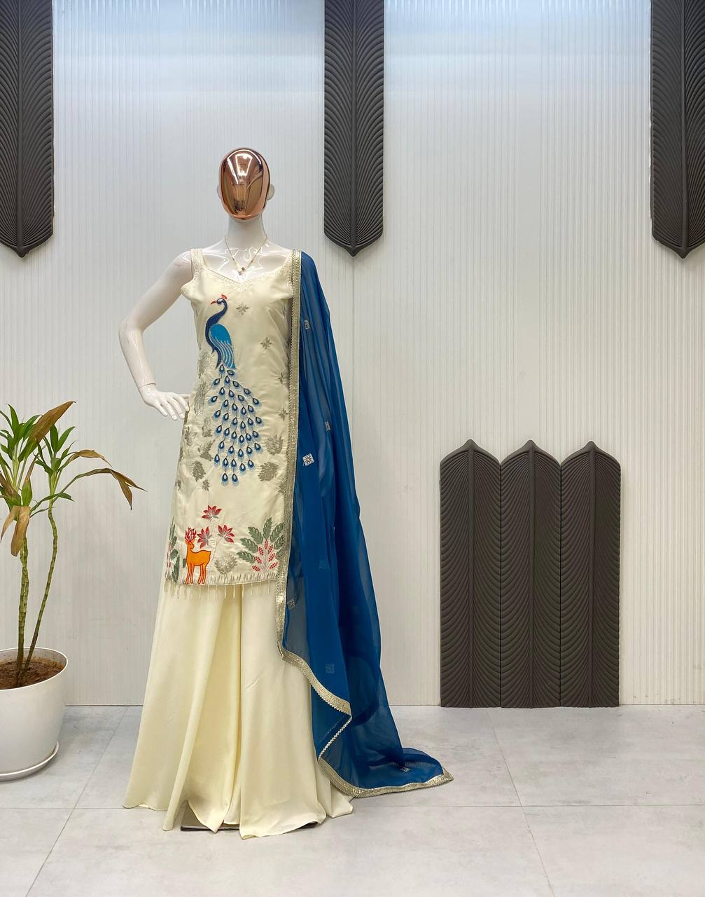 Festival Wear Off White Color Kurti And Plazzo Set With Dupatta