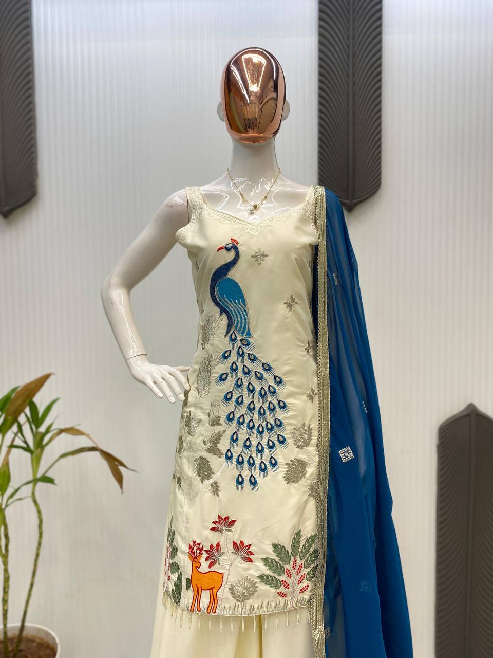 Festival Wear Off White Color Kurti And Plazzo Set With Dupatta