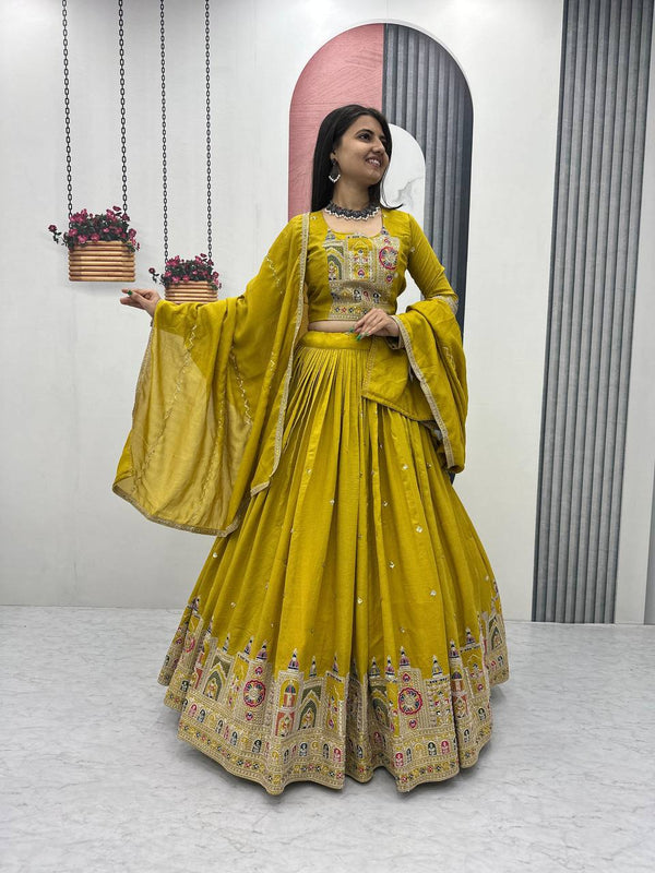 Traditional Wear Haldi Special Yellow Color Pure Vichitra Heavy Embroidery Coading Sequence Thread Work Lehenga Choli
