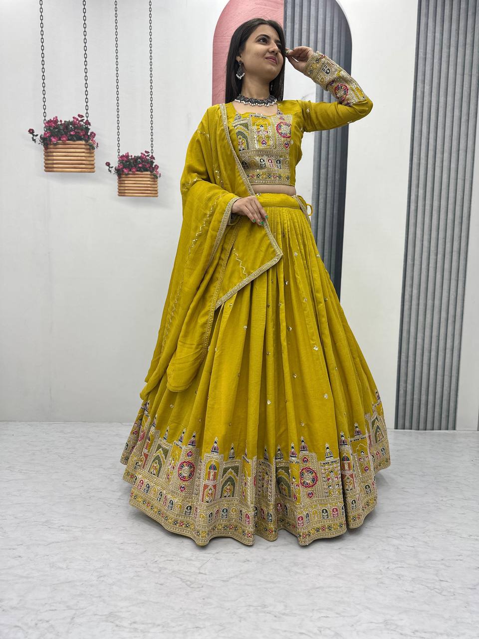 Traditional Wear Haldi Special Yellow Color Pure Vichitra Heavy Embroidery Coading Sequence Thread Work Lehenga Choli