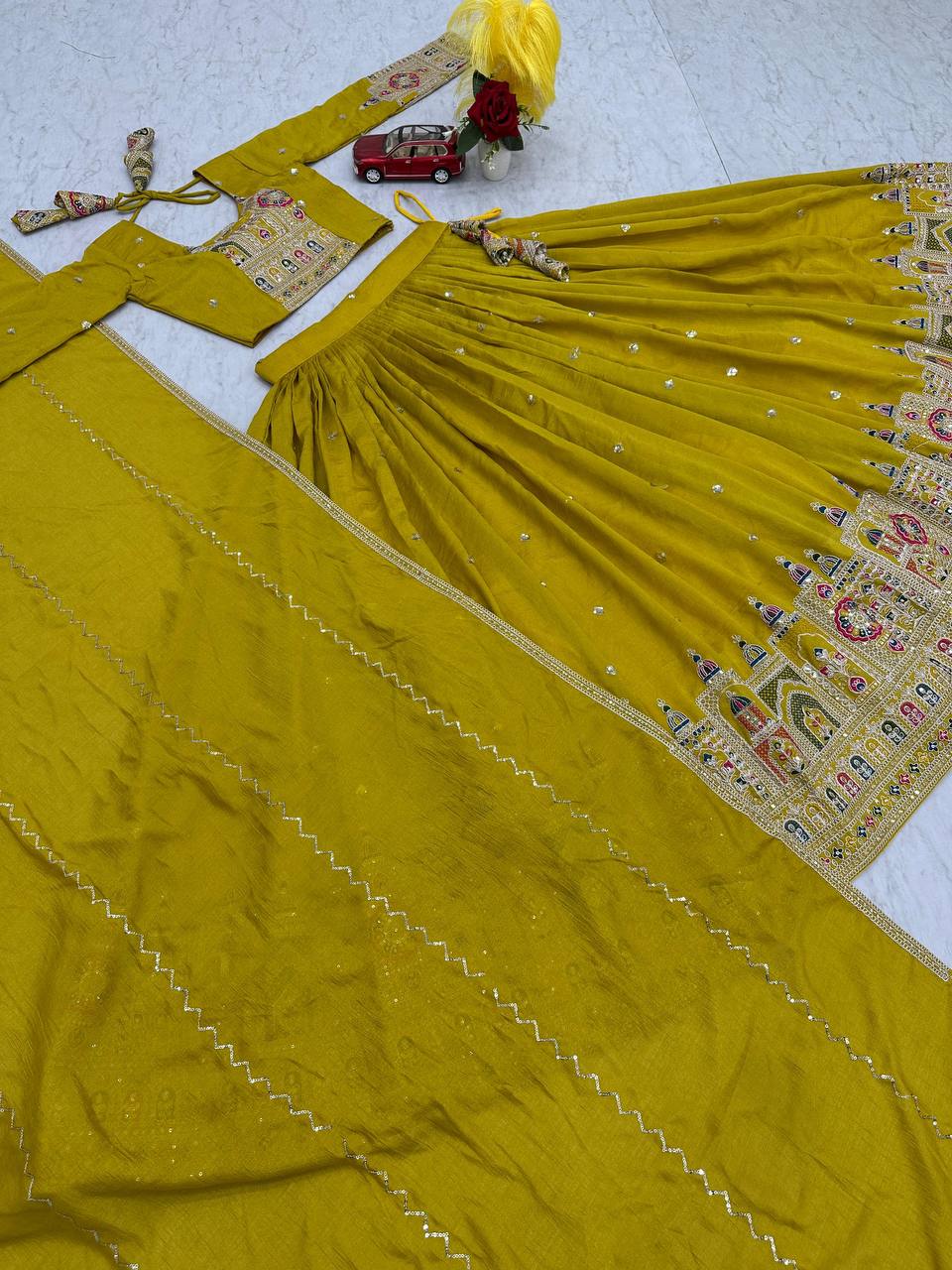Traditional Wear Haldi Special Yellow Color Pure Vichitra Heavy Embroidery Coading Sequence Thread Work Lehenga Choli