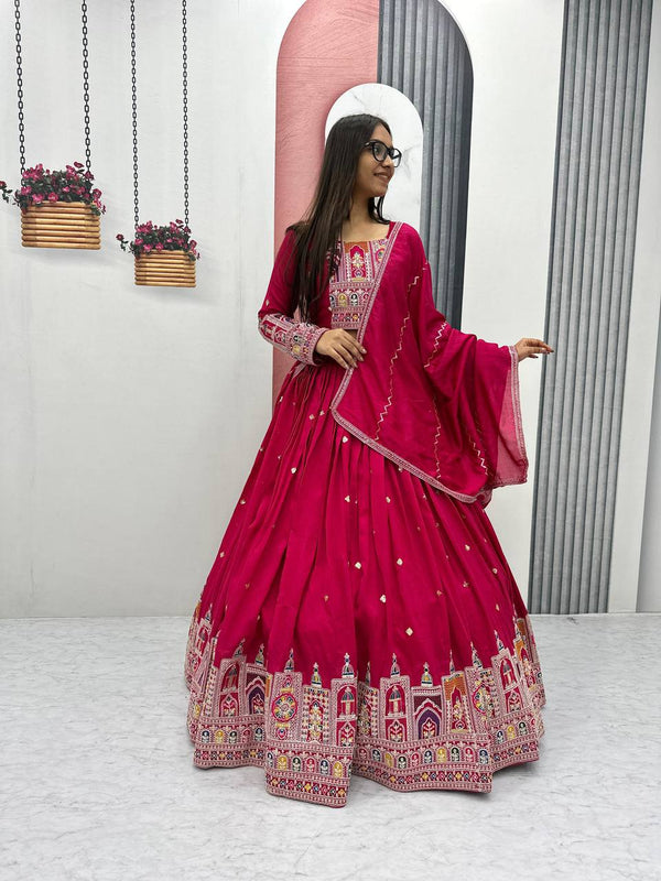 Traditional Wear Red Color Pure Vichitra Heavy Embroidery Coading Sequence Thread Work Lehenga Choli