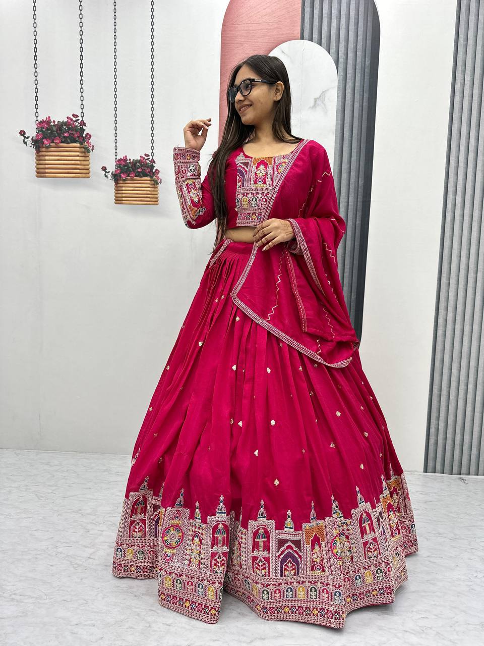 Traditional Wear Red Color Pure Vichitra Heavy Embroidery Coading Sequence Thread Work Lehenga Choli