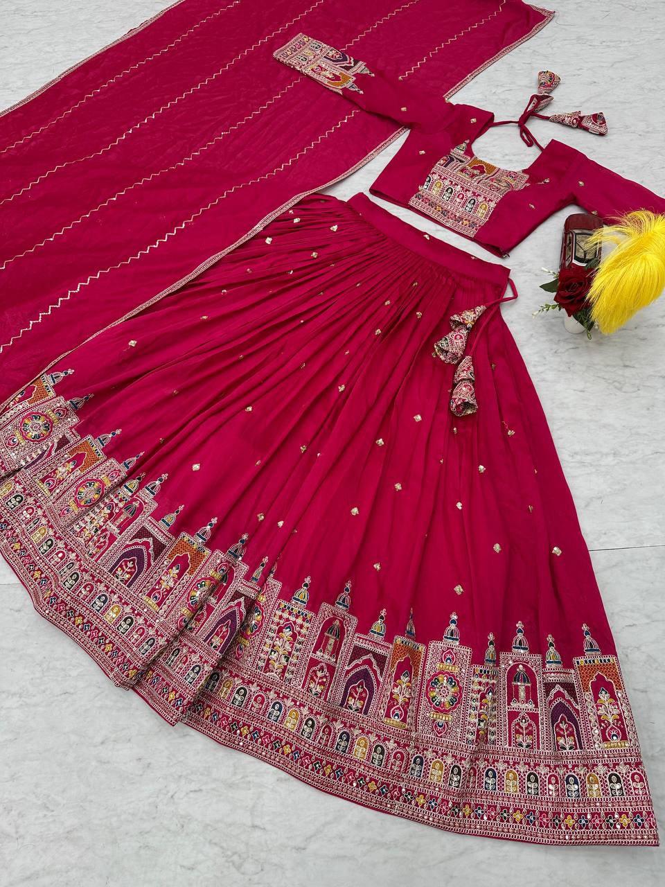 Traditional Wear Red Color Pure Vichitra Heavy Embroidery Coading Sequence Thread Work Lehenga Choli