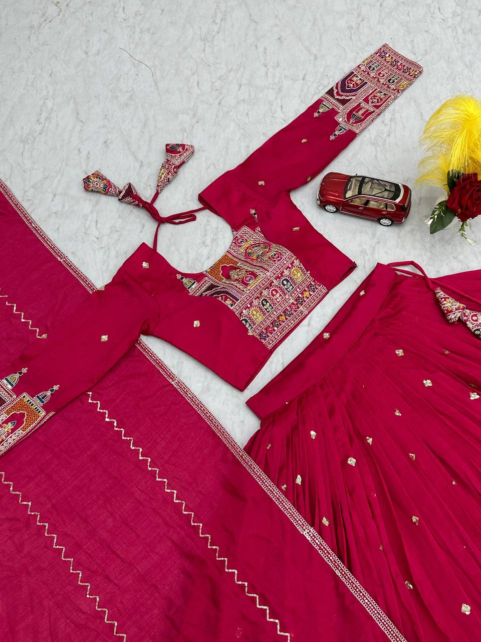 Traditional Wear Red Color Pure Vichitra Heavy Embroidery Coading Sequence Thread Work Lehenga Choli