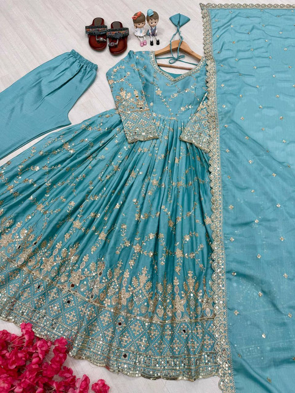 Stylish Sky Color Heavy Chinon Silk With Embroidery Sequence Work Anarkali Gown