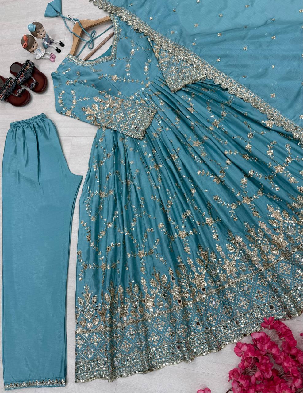Stylish Sky Color Heavy Chinon Silk With Embroidery Sequence Work Anarkali Gown