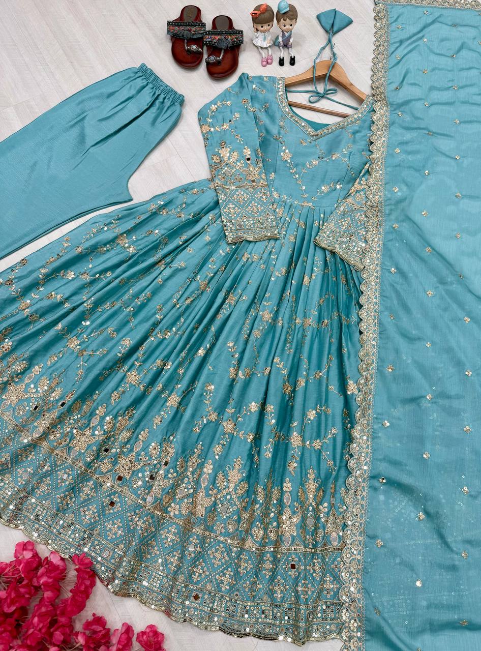 Stylish Sky Color Heavy Chinon Silk With Embroidery Sequence Work Anarkali Gown