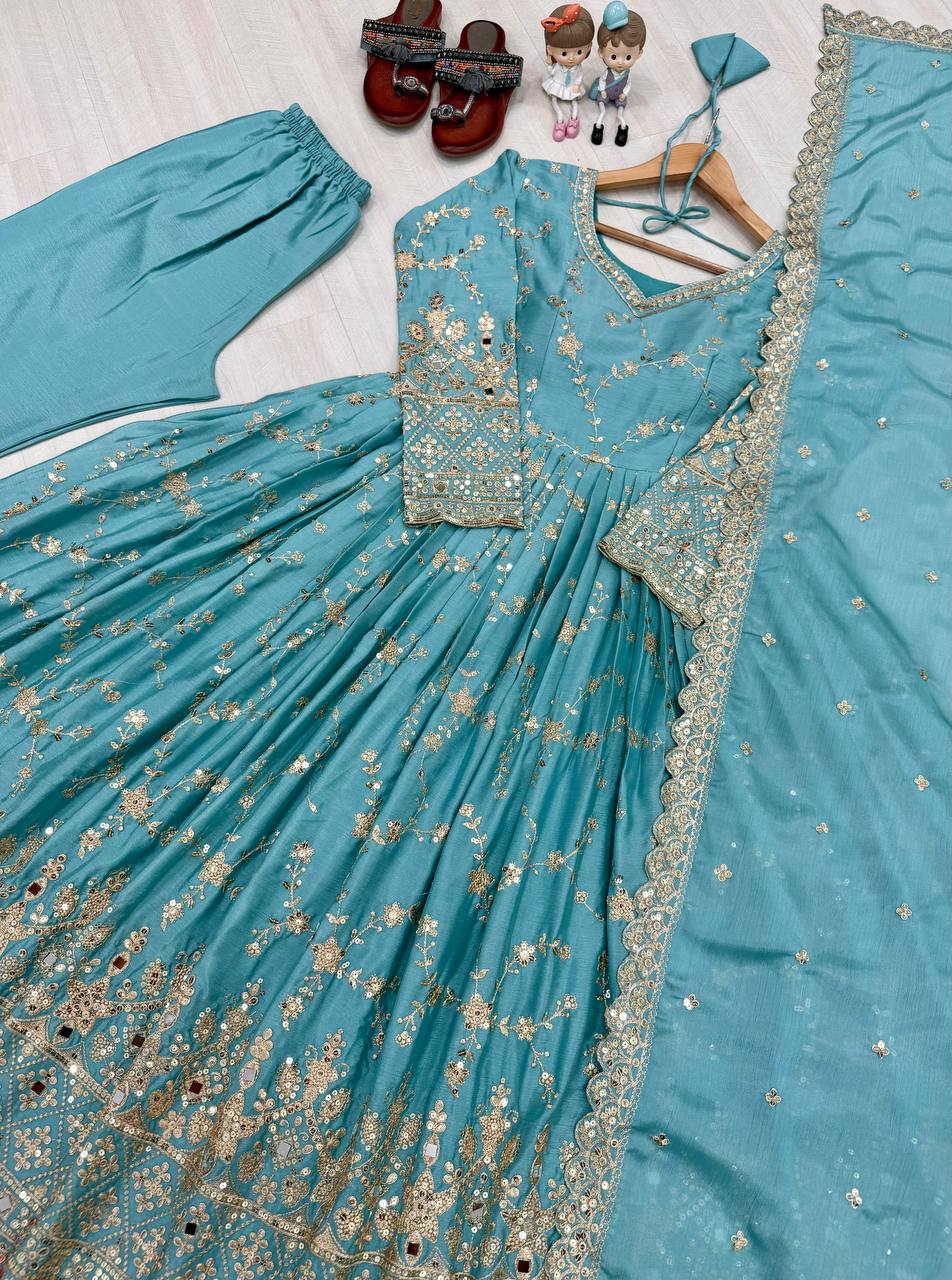 Stylish Sky Color Heavy Chinon Silk With Embroidery Sequence Work Anarkali Gown
