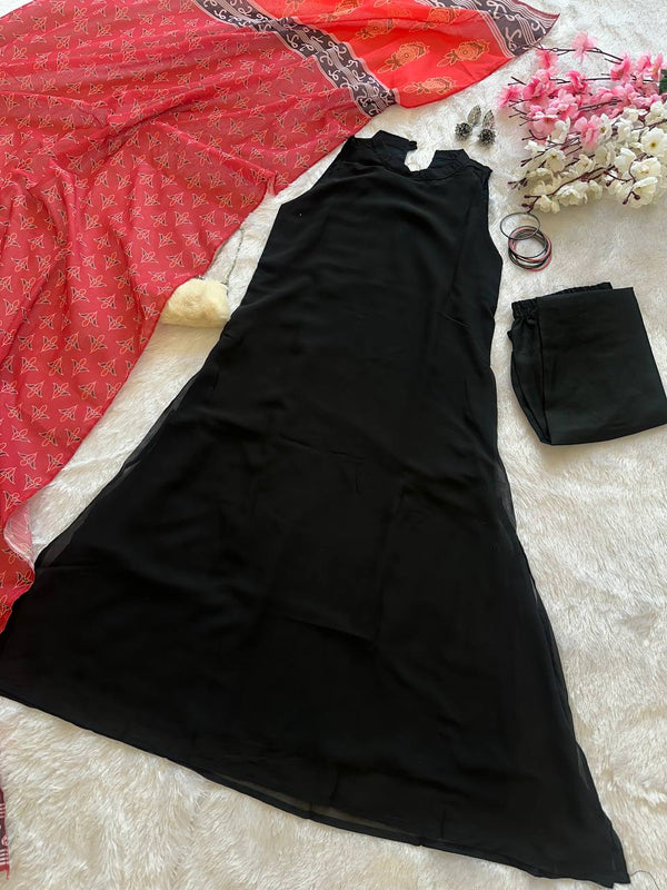 Casual Wear Black Color Georgette Kurta With Both Side Pocket