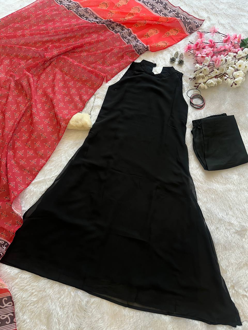 Casual Wear Black Color Georgette Kurta With Both Side Pocket
