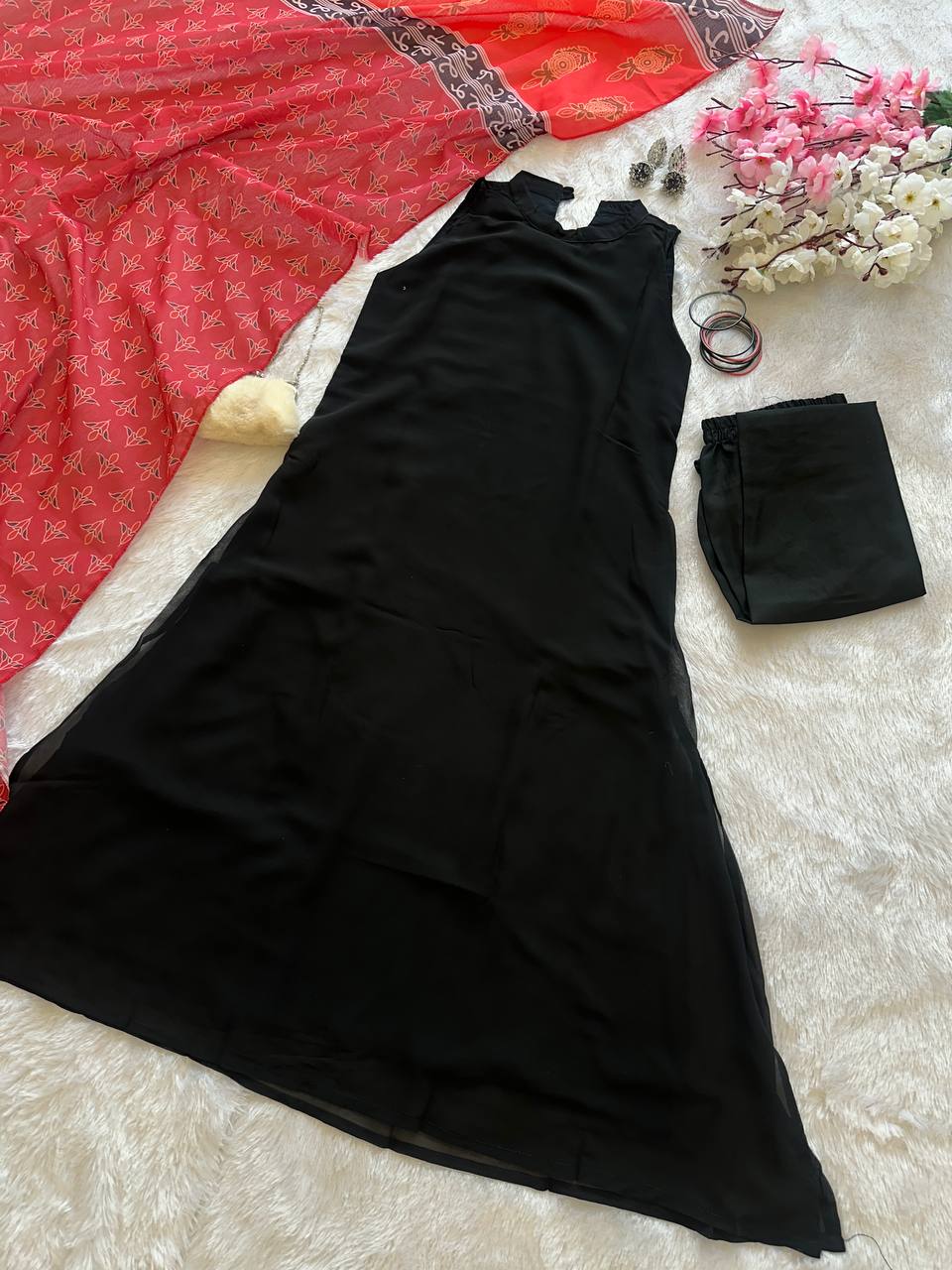 Casual Wear Black Color Georgette Kurta With Both Side Pocket