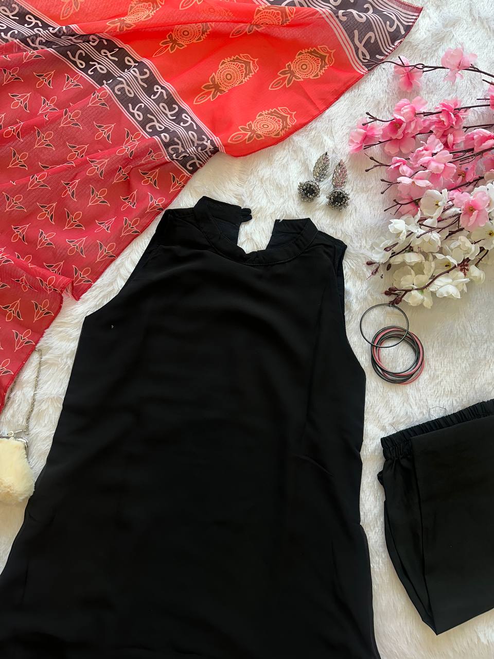 Casual Wear Black Color Georgette Kurta With Both Side Pocket