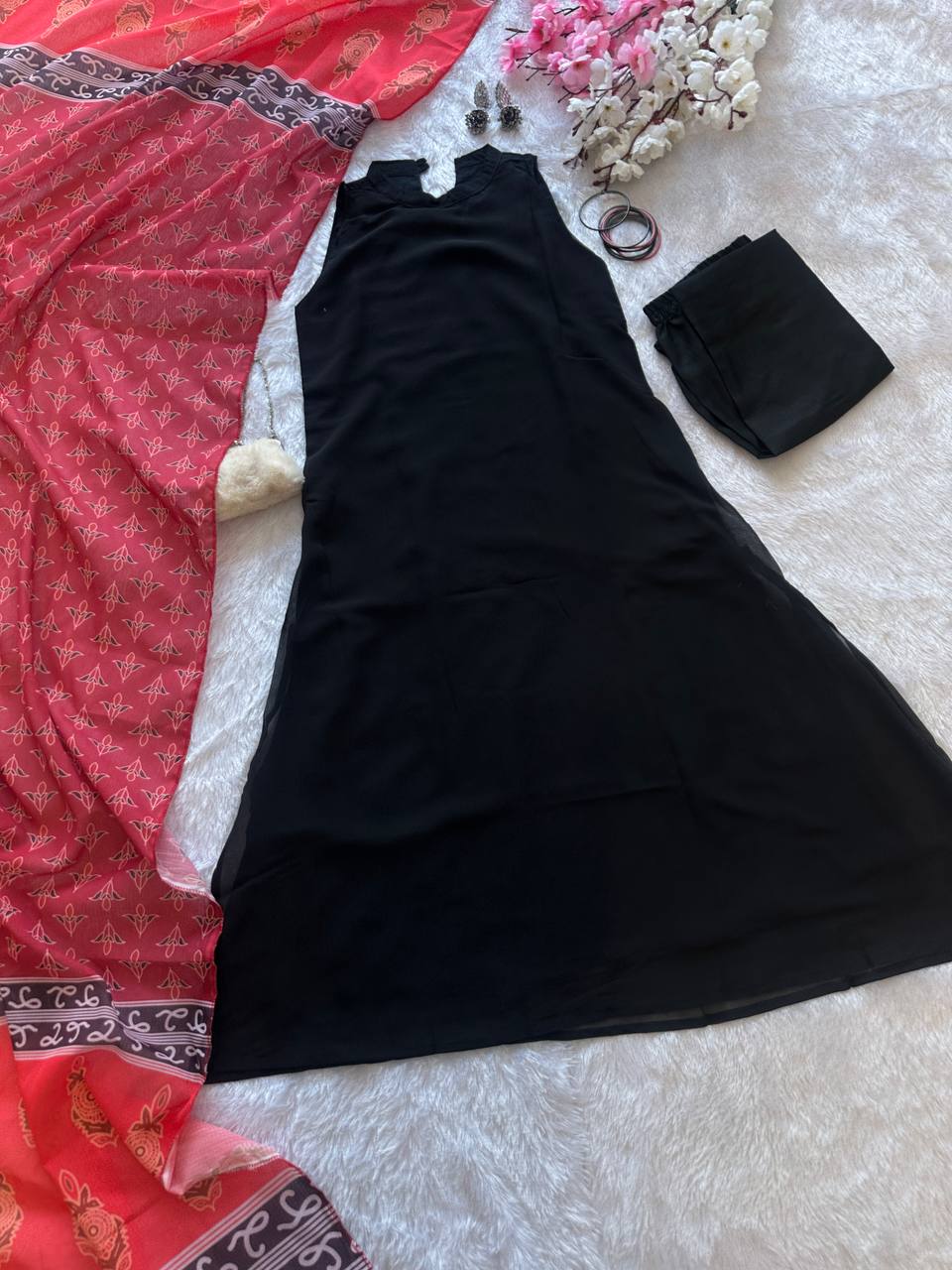 Casual Wear Black Color Georgette Kurta With Both Side Pocket