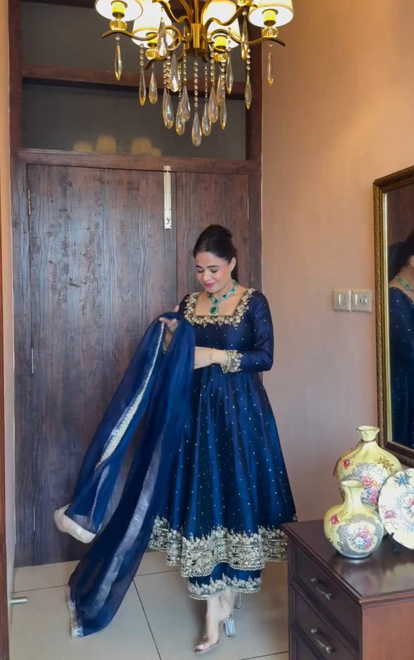 Stylist Royal Blue Color Heavy Pure Vichitra Silk With Embroidery 5mm Sequence Work Anarkali Gown
