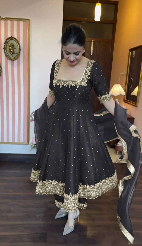 Stylist Black Color Heavy Pure Vichitra Silk With Embroidery 5mm Sequence Work Anarkali Gown