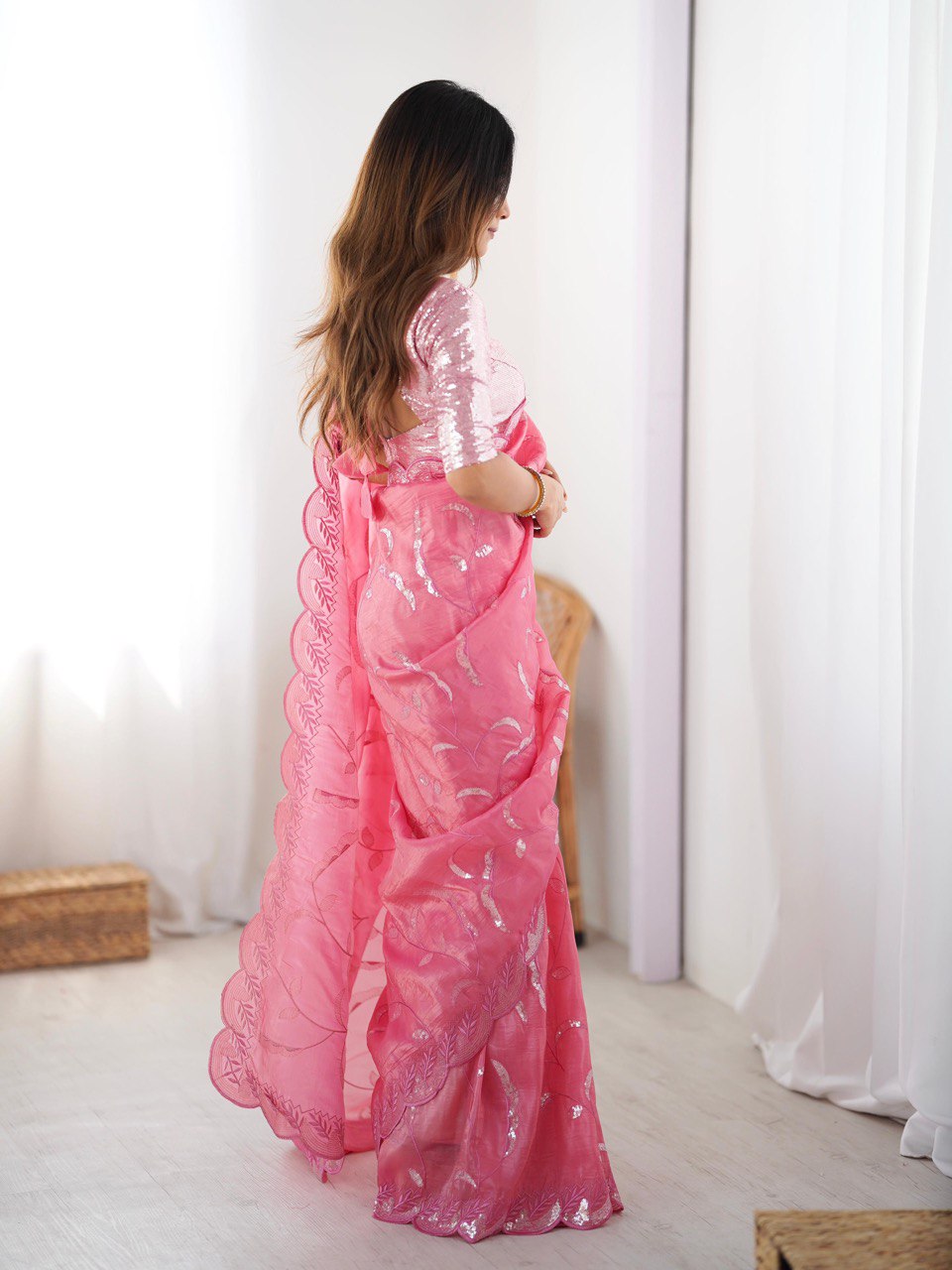 Party Wear Baby Pink Color Gold Crush and Sequence Work Saree