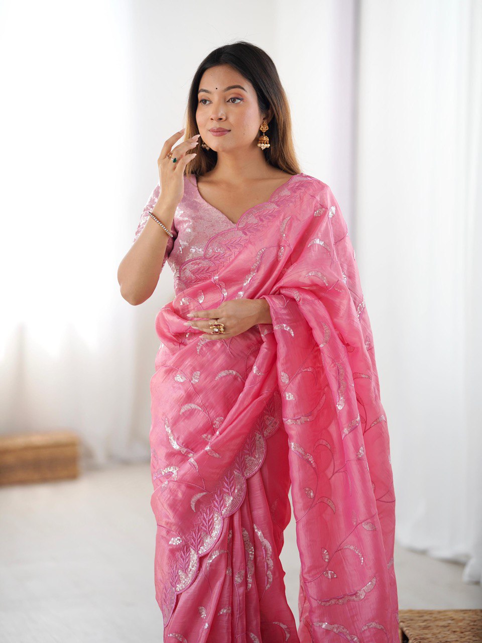 Party Wear Baby Pink Color Gold Crush and Sequence Work Saree