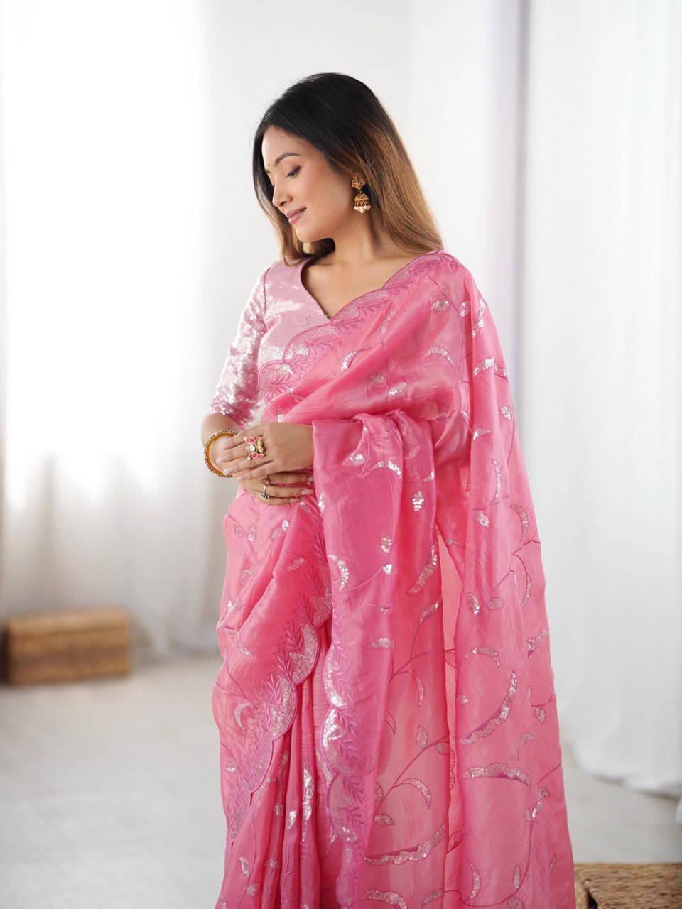 Party Wear Baby Pink Color Gold Crush and Sequence Work Saree