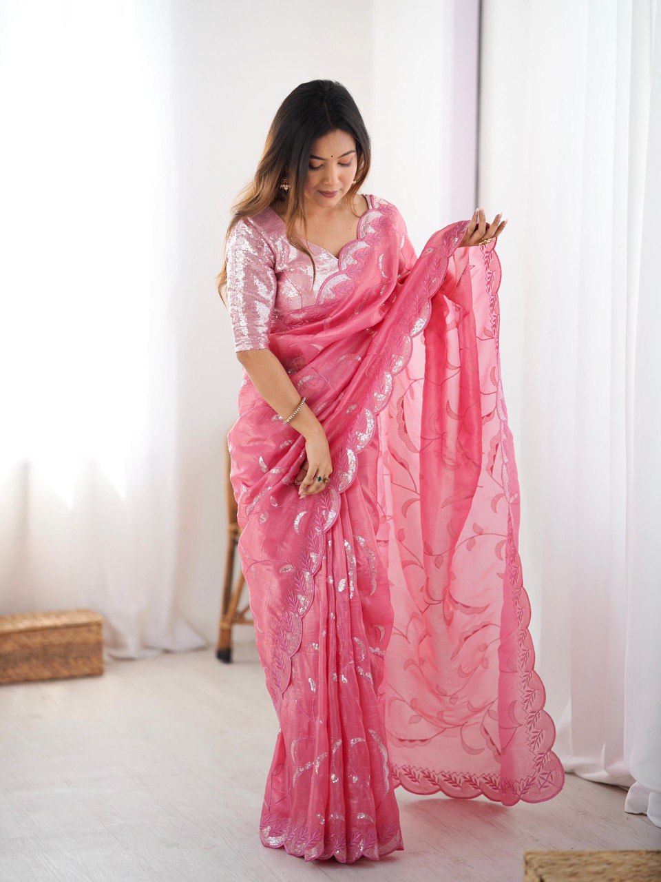 Party Wear Baby Pink Color Gold Crush and Sequence Work Saree