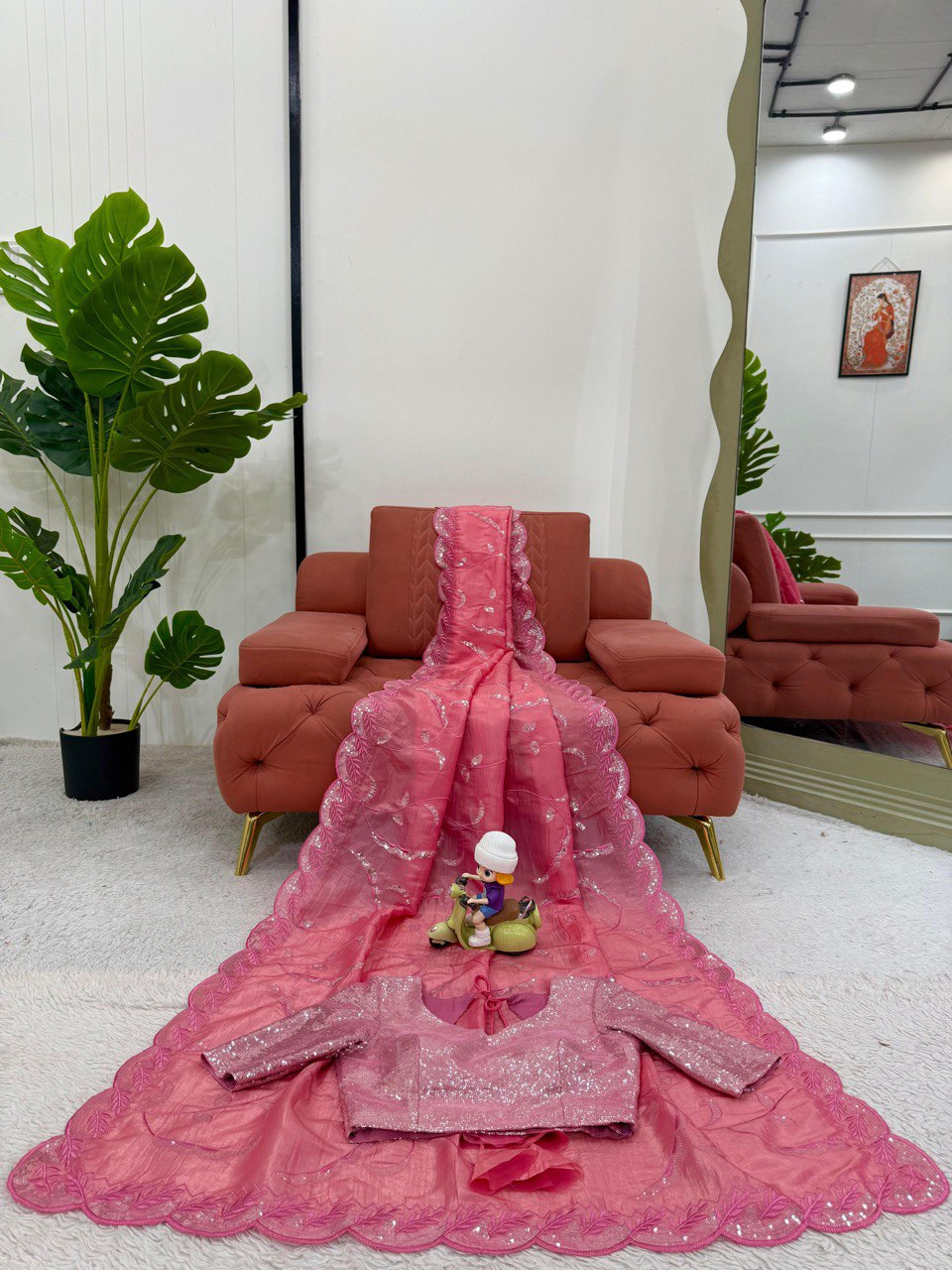 Party Wear Baby Pink Color Gold Crush and Sequence Work Saree