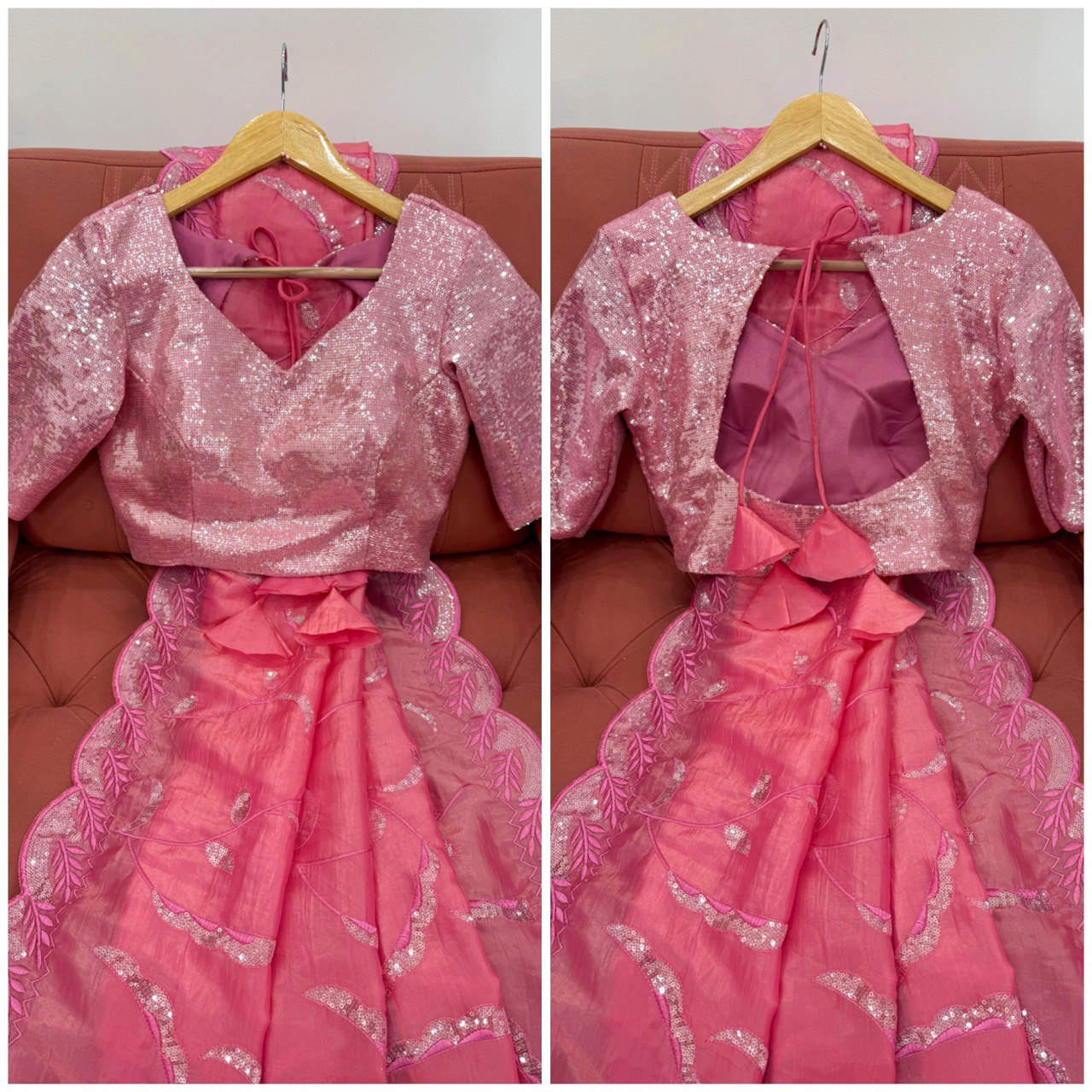 Party Wear Baby Pink Color Gold Crush and Sequence Work Saree