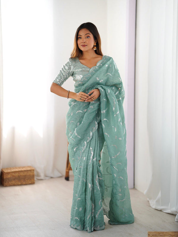 Party Wear Aqua Green Color Gold Crush and Sequence Work Saree