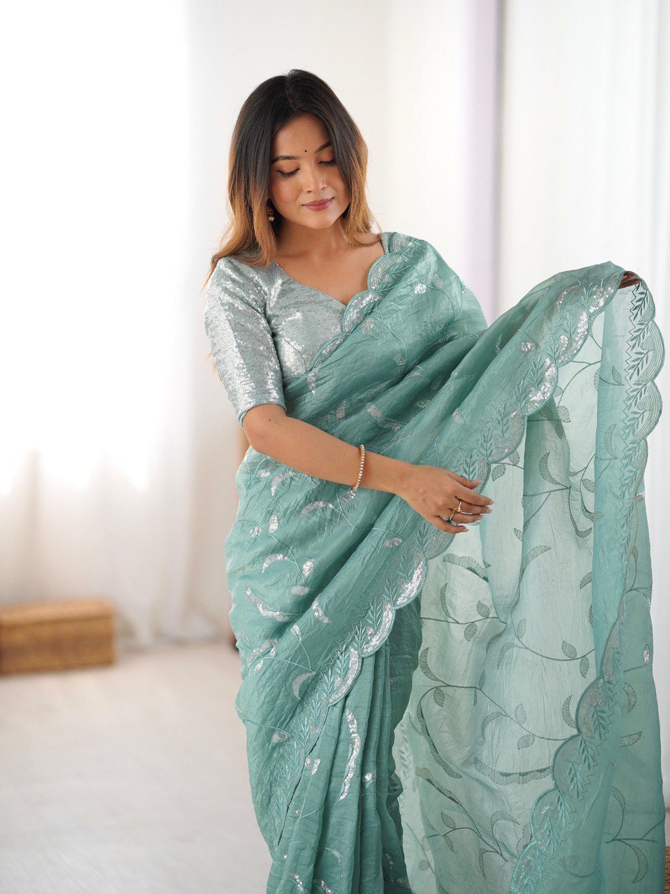 Party Wear Aqua Green Color Gold Crush and Sequence Work Saree