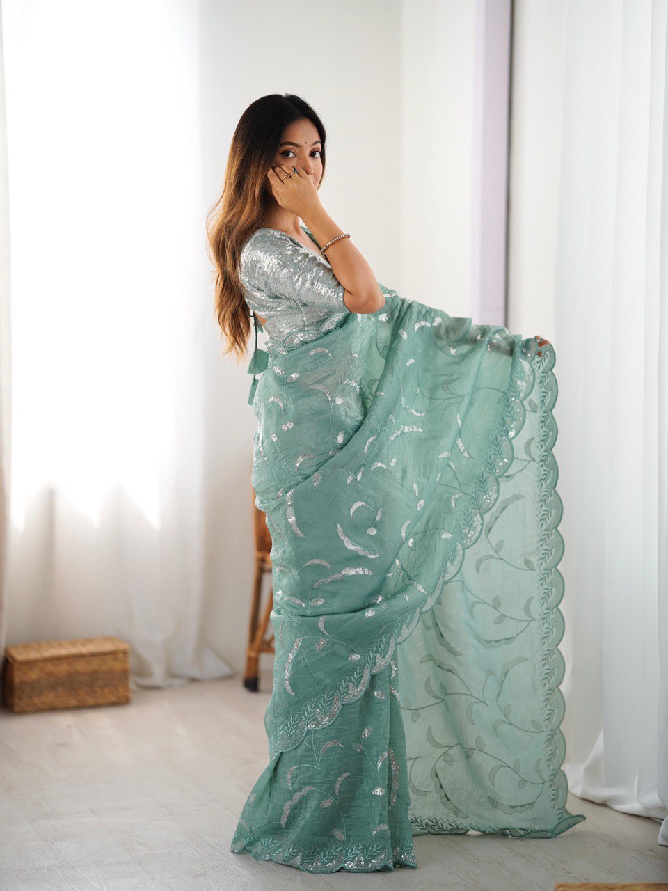 Party Wear Aqua Green Color Gold Crush and Sequence Work Saree