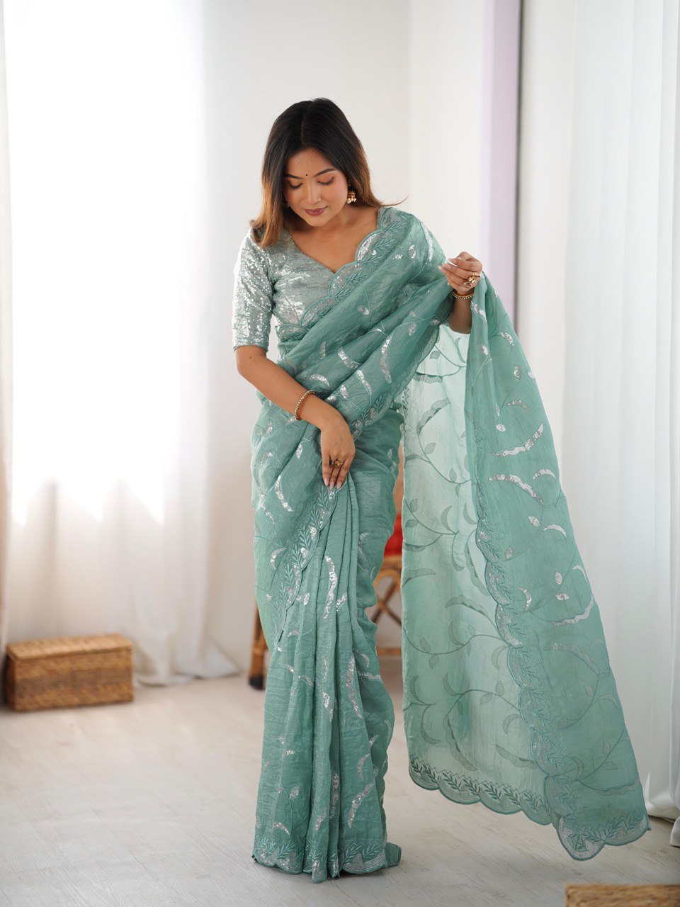 Party Wear Aqua Green Color Gold Crush and Sequence Work Saree