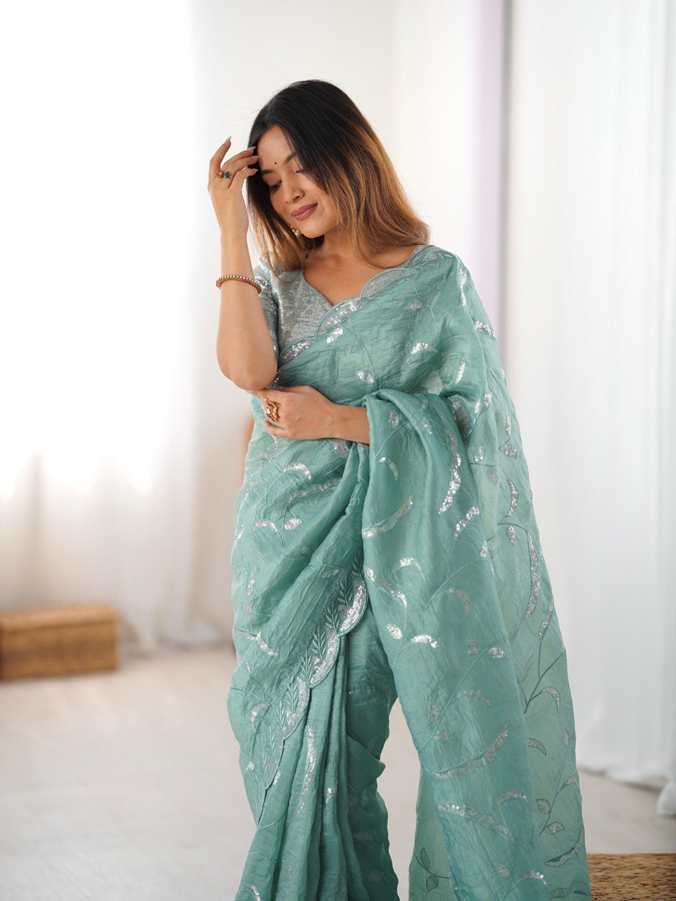 Party Wear Aqua Green Color Gold Crush and Sequence Work Saree