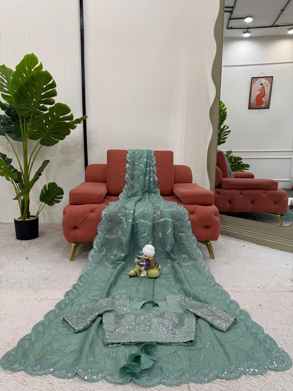 Party Wear Aqua Green Color Gold Crush and Sequence Work Saree
